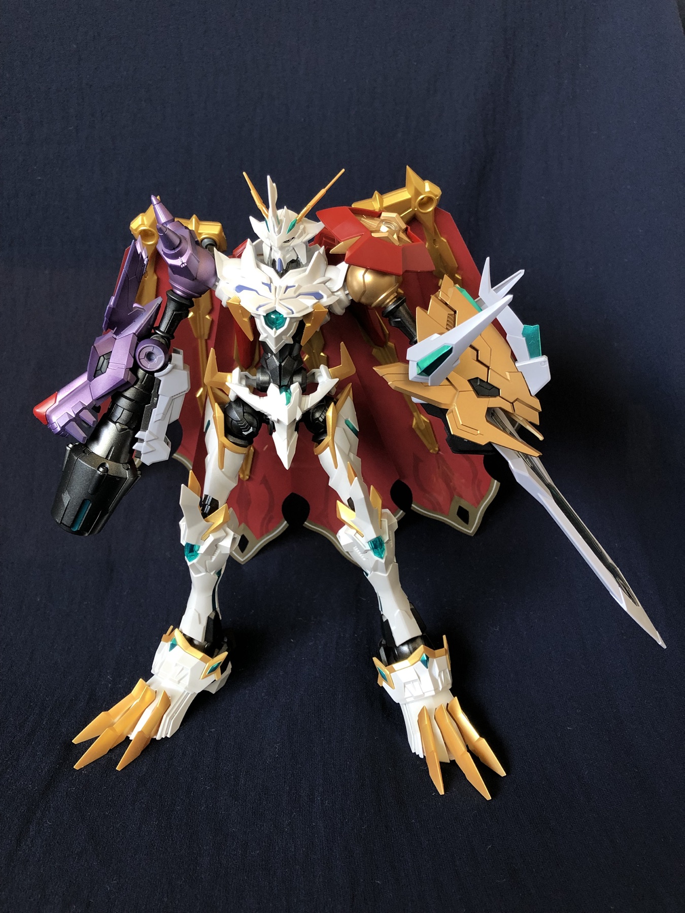 Painted model kit, white and gold armour with red cape