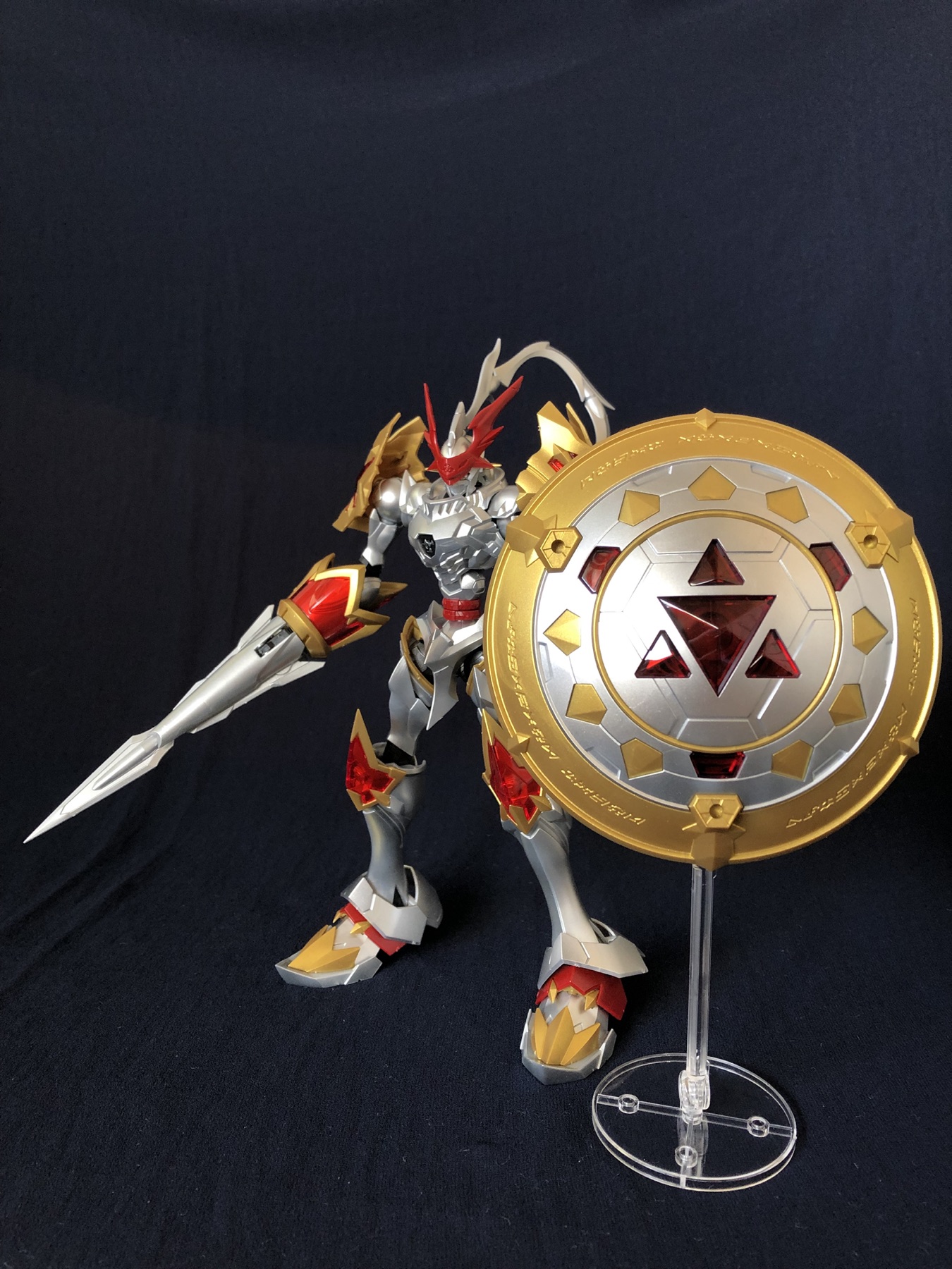 Painted model kit with lance and gold shield